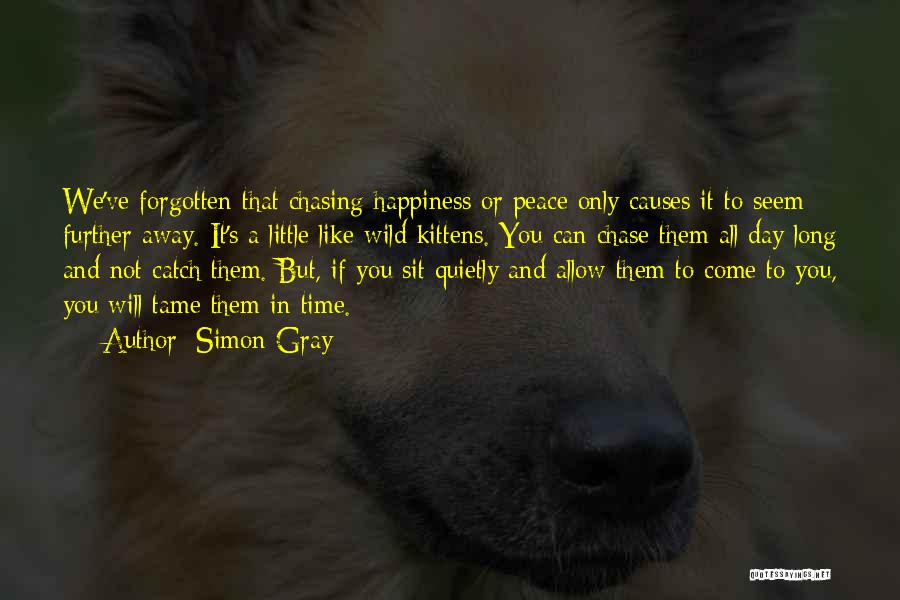 Simon Gray Quotes: We've Forgotten That Chasing Happiness Or Peace Only Causes It To Seem Further Away. It's A Little Like Wild Kittens.