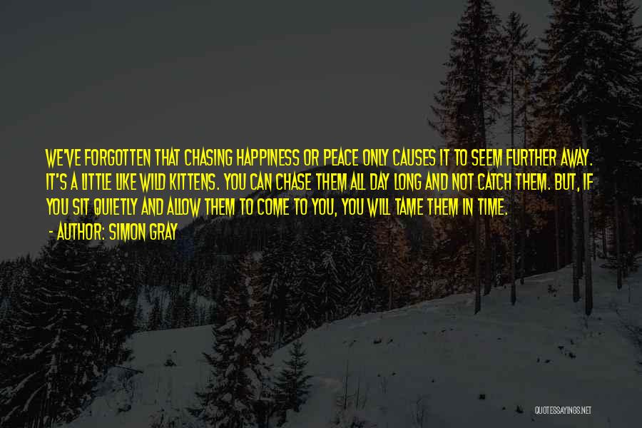 Simon Gray Quotes: We've Forgotten That Chasing Happiness Or Peace Only Causes It To Seem Further Away. It's A Little Like Wild Kittens.