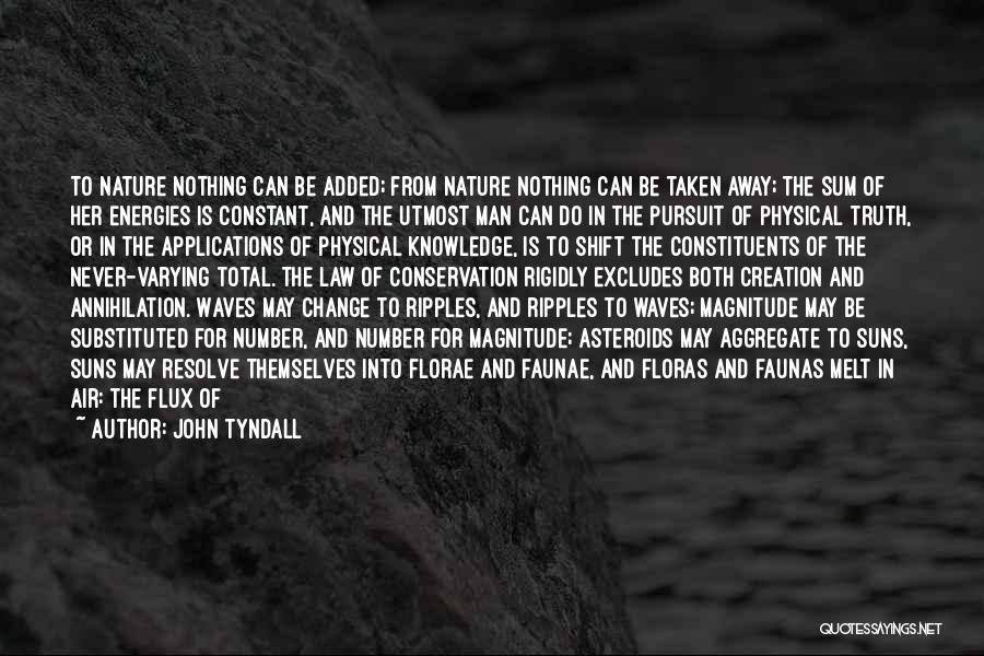 John Tyndall Quotes: To Nature Nothing Can Be Added; From Nature Nothing Can Be Taken Away; The Sum Of Her Energies Is Constant,