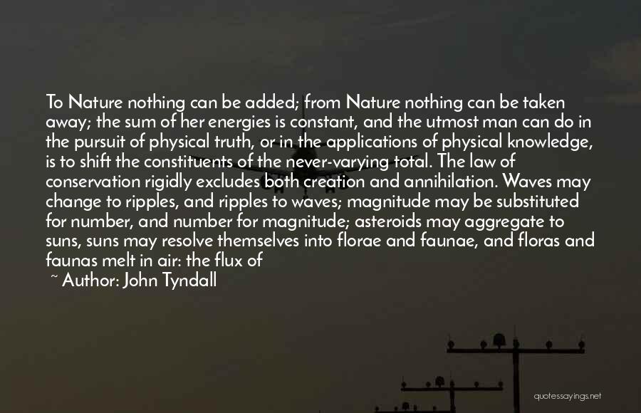 John Tyndall Quotes: To Nature Nothing Can Be Added; From Nature Nothing Can Be Taken Away; The Sum Of Her Energies Is Constant,