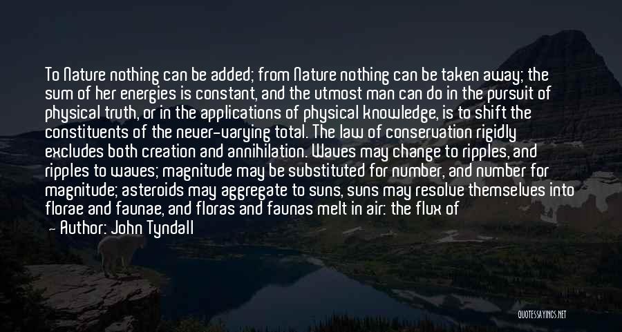 John Tyndall Quotes: To Nature Nothing Can Be Added; From Nature Nothing Can Be Taken Away; The Sum Of Her Energies Is Constant,