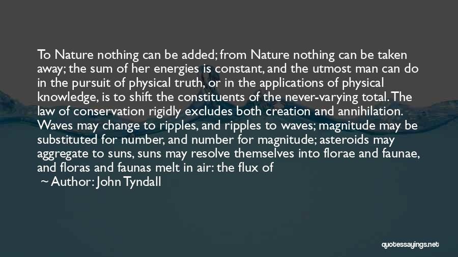 John Tyndall Quotes: To Nature Nothing Can Be Added; From Nature Nothing Can Be Taken Away; The Sum Of Her Energies Is Constant,