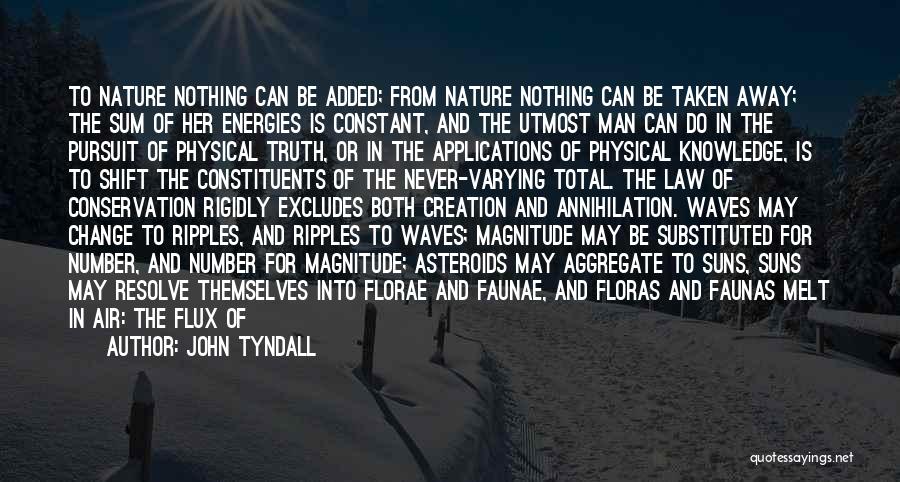 John Tyndall Quotes: To Nature Nothing Can Be Added; From Nature Nothing Can Be Taken Away; The Sum Of Her Energies Is Constant,