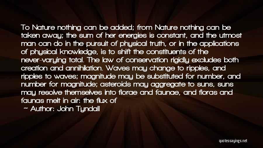 John Tyndall Quotes: To Nature Nothing Can Be Added; From Nature Nothing Can Be Taken Away; The Sum Of Her Energies Is Constant,