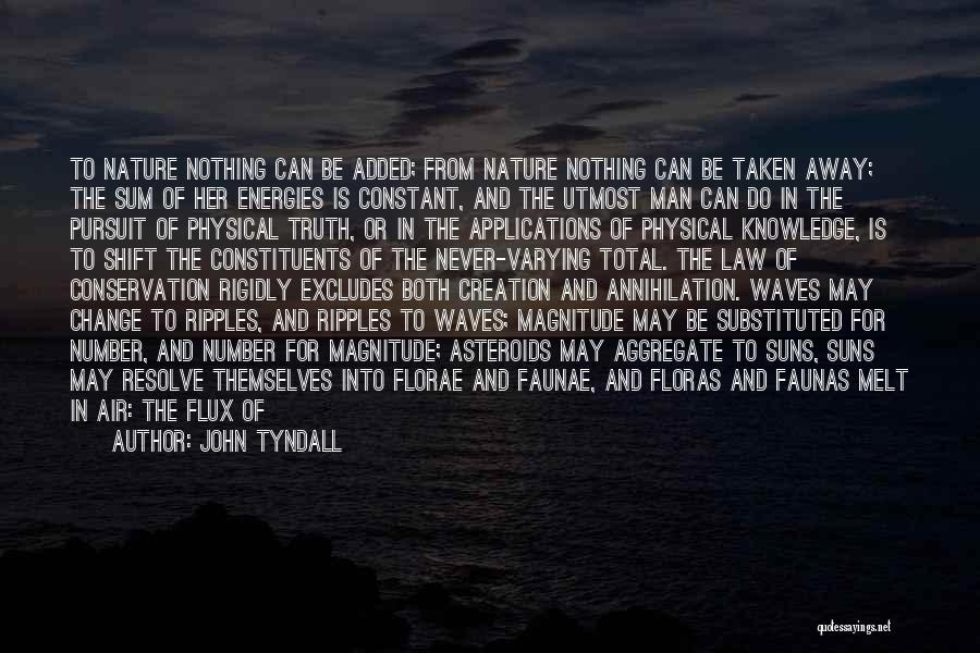 John Tyndall Quotes: To Nature Nothing Can Be Added; From Nature Nothing Can Be Taken Away; The Sum Of Her Energies Is Constant,