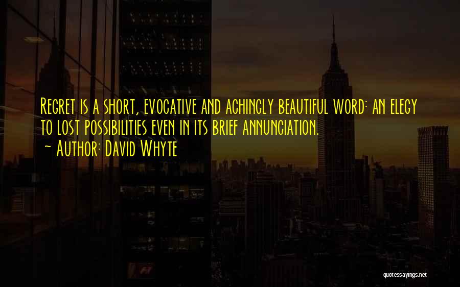 David Whyte Quotes: Regret Is A Short, Evocative And Achingly Beautiful Word: An Elegy To Lost Possibilities Even In Its Brief Annunciation.