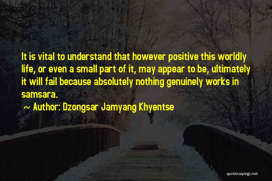 Dzongsar Jamyang Khyentse Quotes: It Is Vital To Understand That However Positive This Worldly Life, Or Even A Small Part Of It, May Appear