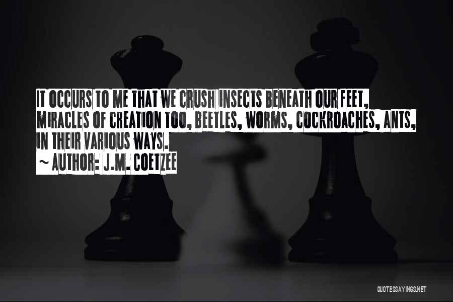 J.M. Coetzee Quotes: It Occurs To Me That We Crush Insects Beneath Our Feet, Miracles Of Creation Too, Beetles, Worms, Cockroaches, Ants, In