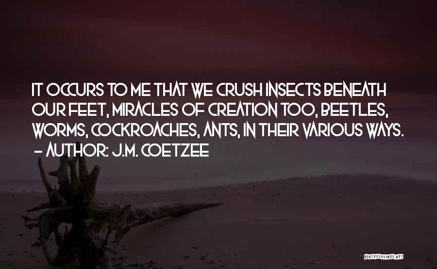 J.M. Coetzee Quotes: It Occurs To Me That We Crush Insects Beneath Our Feet, Miracles Of Creation Too, Beetles, Worms, Cockroaches, Ants, In