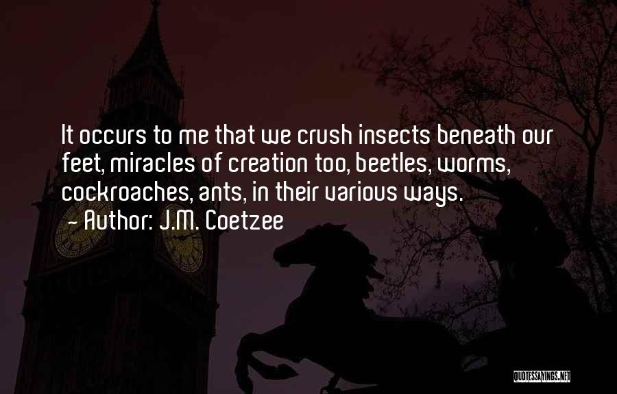 J.M. Coetzee Quotes: It Occurs To Me That We Crush Insects Beneath Our Feet, Miracles Of Creation Too, Beetles, Worms, Cockroaches, Ants, In