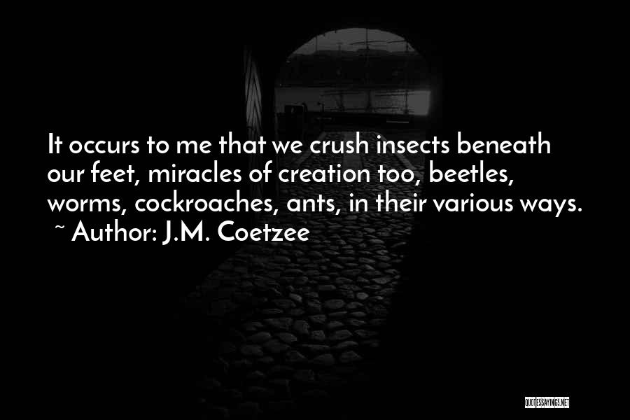 J.M. Coetzee Quotes: It Occurs To Me That We Crush Insects Beneath Our Feet, Miracles Of Creation Too, Beetles, Worms, Cockroaches, Ants, In