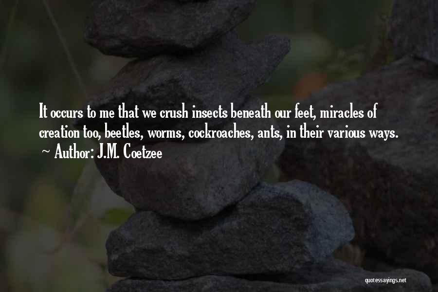 J.M. Coetzee Quotes: It Occurs To Me That We Crush Insects Beneath Our Feet, Miracles Of Creation Too, Beetles, Worms, Cockroaches, Ants, In