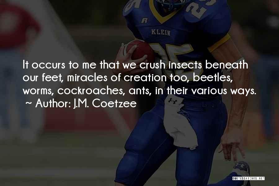 J.M. Coetzee Quotes: It Occurs To Me That We Crush Insects Beneath Our Feet, Miracles Of Creation Too, Beetles, Worms, Cockroaches, Ants, In