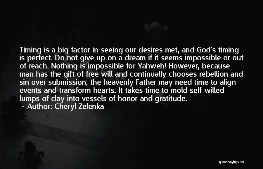 Cheryl Zelenka Quotes: Timing Is A Big Factor In Seeing Our Desires Met, And God's Timing Is Perfect. Do Not Give Up On