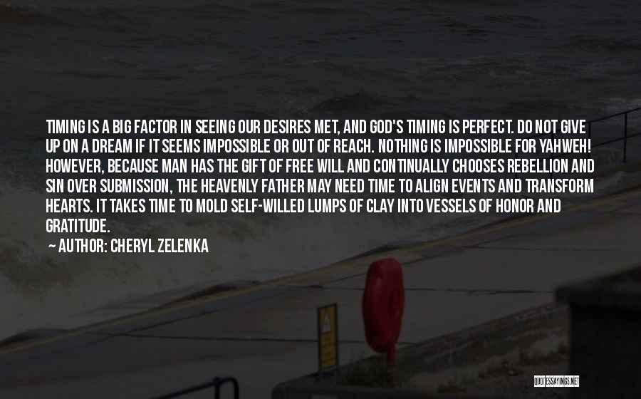 Cheryl Zelenka Quotes: Timing Is A Big Factor In Seeing Our Desires Met, And God's Timing Is Perfect. Do Not Give Up On