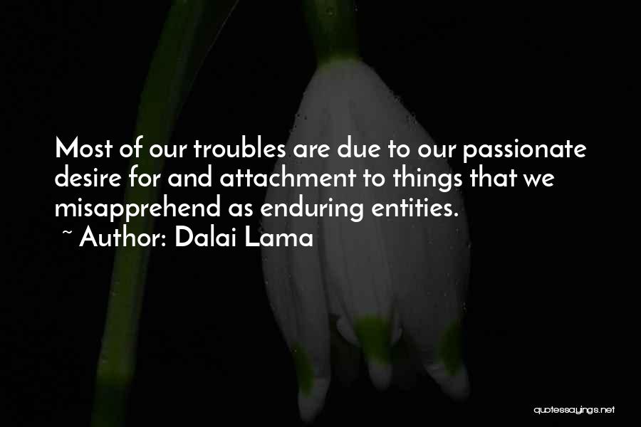 Dalai Lama Quotes: Most Of Our Troubles Are Due To Our Passionate Desire For And Attachment To Things That We Misapprehend As Enduring