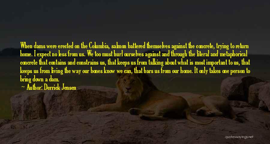 Derrick Jensen Quotes: When Dams Were Erected On The Columbia, Salmon Battered Themselves Against The Concrete, Trying To Return Home. I Expect No
