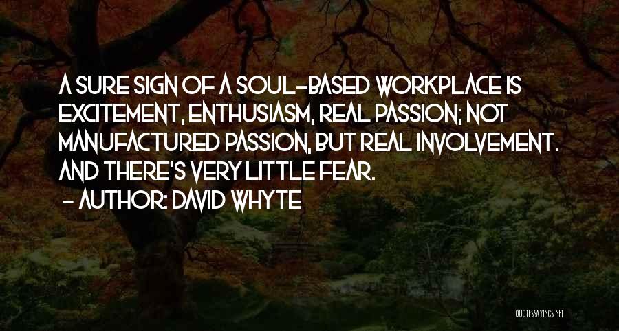 David Whyte Quotes: A Sure Sign Of A Soul-based Workplace Is Excitement, Enthusiasm, Real Passion; Not Manufactured Passion, But Real Involvement. And There's