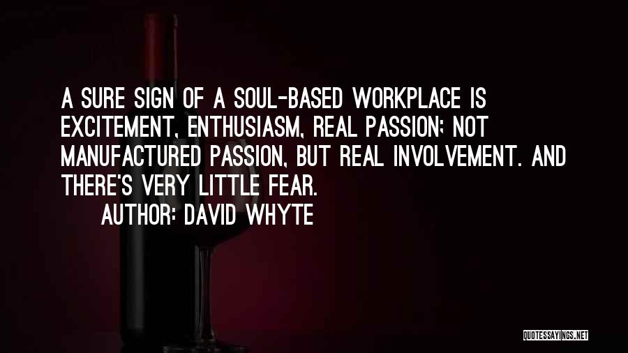 David Whyte Quotes: A Sure Sign Of A Soul-based Workplace Is Excitement, Enthusiasm, Real Passion; Not Manufactured Passion, But Real Involvement. And There's
