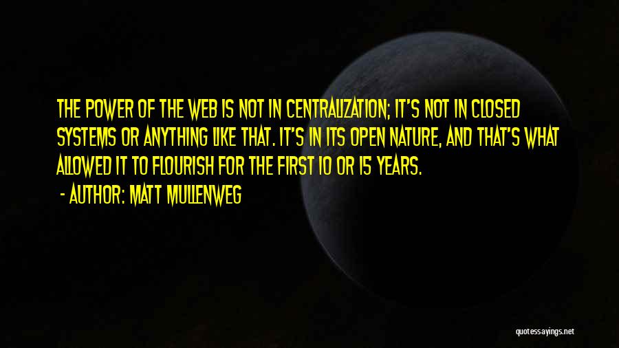 Matt Mullenweg Quotes: The Power Of The Web Is Not In Centralization; It's Not In Closed Systems Or Anything Like That. It's In