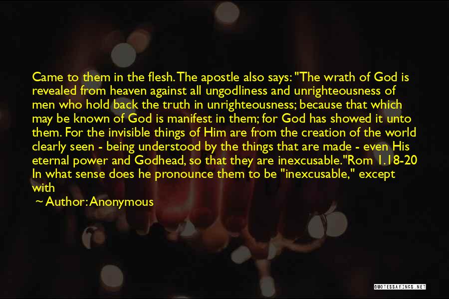 Anonymous Quotes: Came To Them In The Flesh. The Apostle Also Says: The Wrath Of God Is Revealed From Heaven Against All