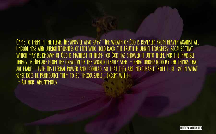 Anonymous Quotes: Came To Them In The Flesh. The Apostle Also Says: The Wrath Of God Is Revealed From Heaven Against All