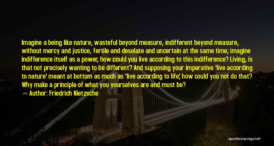 Friedrich Nietzsche Quotes: Imagine A Being Like Nature, Wasteful Beyond Measure, Indifferent Beyond Measure, Without Mercy And Justice, Fertile And Desolate And Uncertain