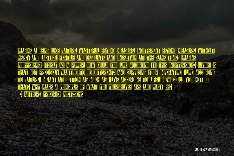 Friedrich Nietzsche Quotes: Imagine A Being Like Nature, Wasteful Beyond Measure, Indifferent Beyond Measure, Without Mercy And Justice, Fertile And Desolate And Uncertain