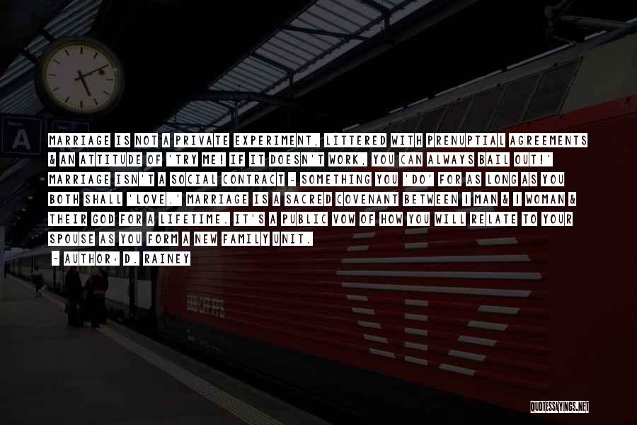 D. Rainey Quotes: Marriage Is Not A Private Experiment, Littered With Prenuptial Agreements & An Attitude Of 'try Me! If It Doesn't Work,