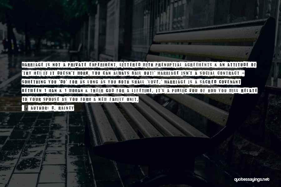 D. Rainey Quotes: Marriage Is Not A Private Experiment, Littered With Prenuptial Agreements & An Attitude Of 'try Me! If It Doesn't Work,