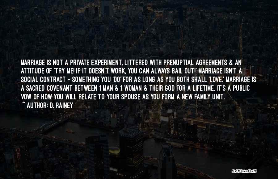 D. Rainey Quotes: Marriage Is Not A Private Experiment, Littered With Prenuptial Agreements & An Attitude Of 'try Me! If It Doesn't Work,