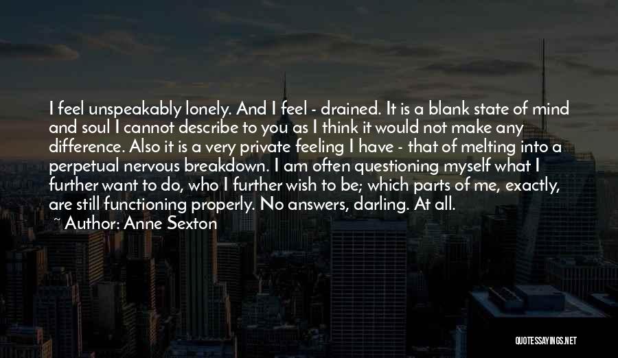 Anne Sexton Quotes: I Feel Unspeakably Lonely. And I Feel - Drained. It Is A Blank State Of Mind And Soul I Cannot