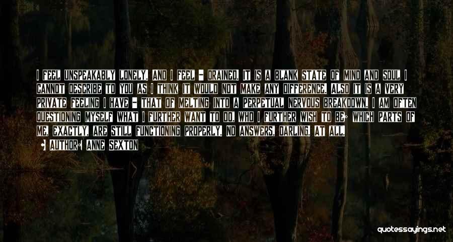 Anne Sexton Quotes: I Feel Unspeakably Lonely. And I Feel - Drained. It Is A Blank State Of Mind And Soul I Cannot