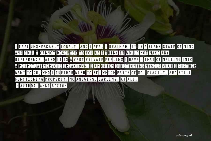 Anne Sexton Quotes: I Feel Unspeakably Lonely. And I Feel - Drained. It Is A Blank State Of Mind And Soul I Cannot