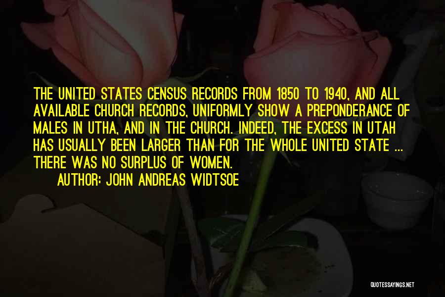 John Andreas Widtsoe Quotes: The United States Census Records From 1850 To 1940, And All Available Church Records, Uniformly Show A Preponderance Of Males