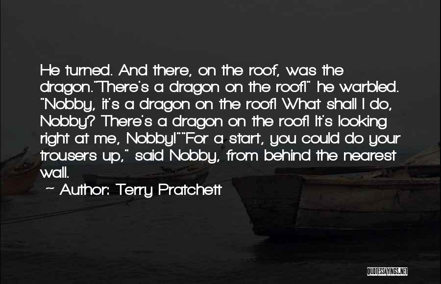 Terry Pratchett Quotes: He Turned. And There, On The Roof, Was The Dragon.there's A Dragon On The Roof! He Warbled. Nobby, It's A