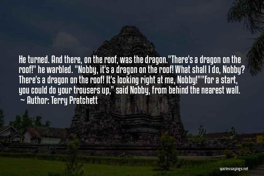 Terry Pratchett Quotes: He Turned. And There, On The Roof, Was The Dragon.there's A Dragon On The Roof! He Warbled. Nobby, It's A