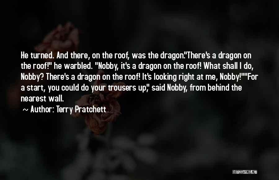 Terry Pratchett Quotes: He Turned. And There, On The Roof, Was The Dragon.there's A Dragon On The Roof! He Warbled. Nobby, It's A