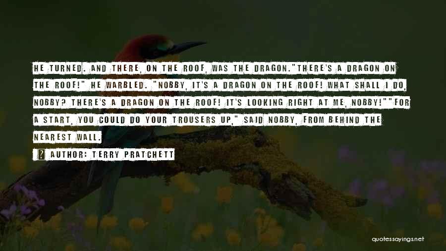 Terry Pratchett Quotes: He Turned. And There, On The Roof, Was The Dragon.there's A Dragon On The Roof! He Warbled. Nobby, It's A