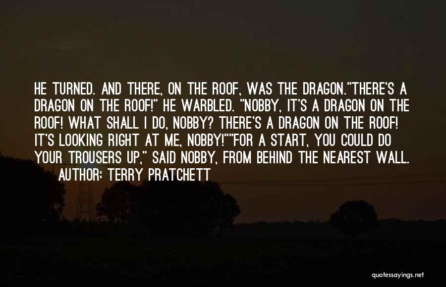 Terry Pratchett Quotes: He Turned. And There, On The Roof, Was The Dragon.there's A Dragon On The Roof! He Warbled. Nobby, It's A