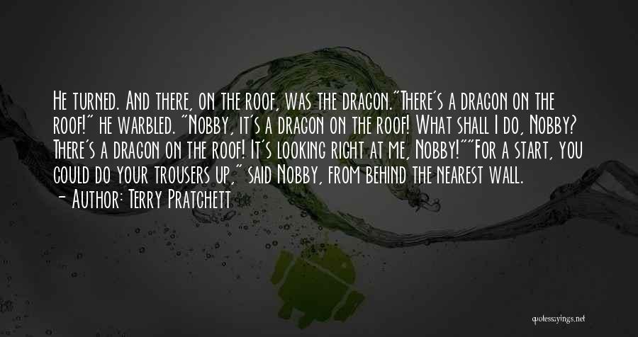 Terry Pratchett Quotes: He Turned. And There, On The Roof, Was The Dragon.there's A Dragon On The Roof! He Warbled. Nobby, It's A