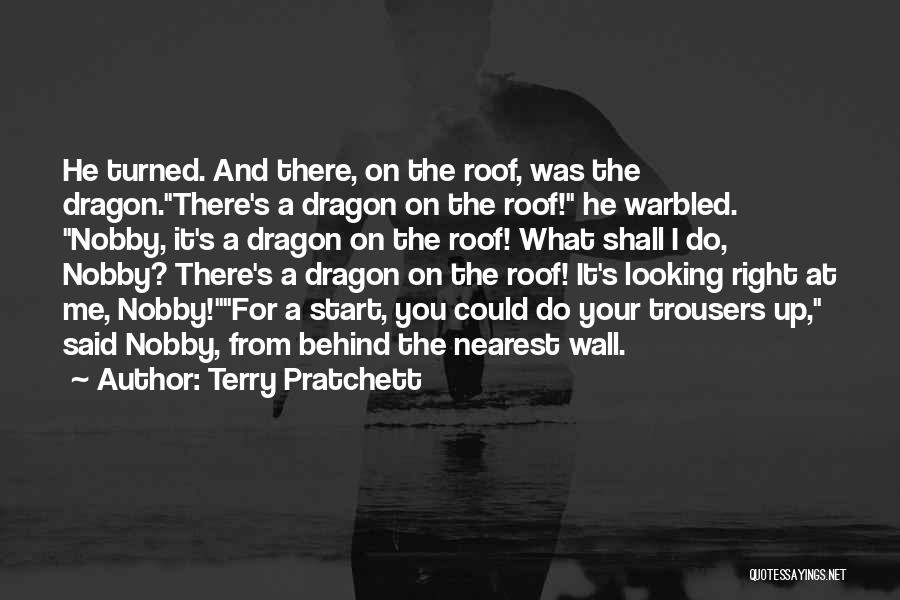 Terry Pratchett Quotes: He Turned. And There, On The Roof, Was The Dragon.there's A Dragon On The Roof! He Warbled. Nobby, It's A