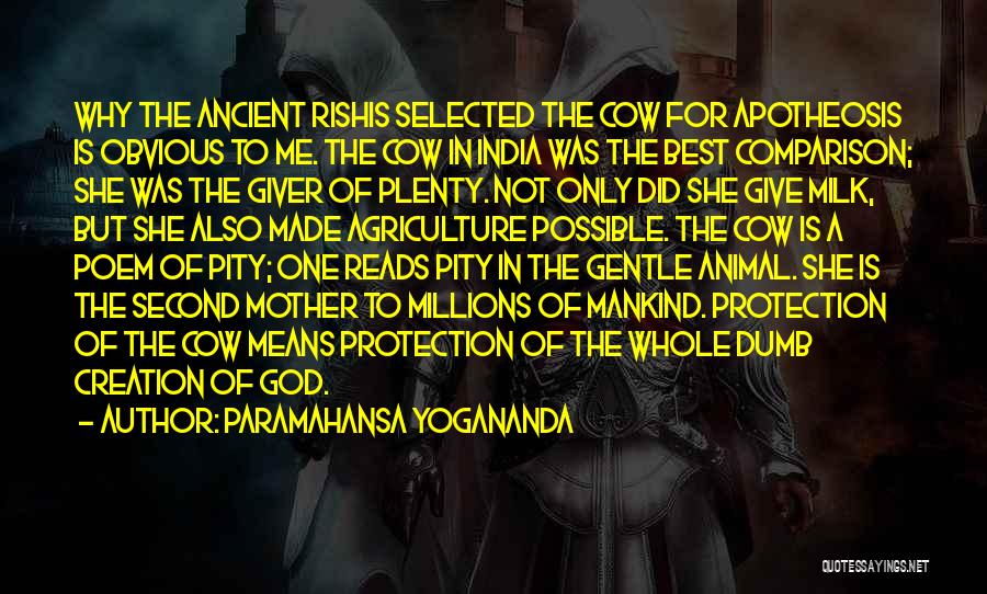 Paramahansa Yogananda Quotes: Why The Ancient Rishis Selected The Cow For Apotheosis Is Obvious To Me. The Cow In India Was The Best