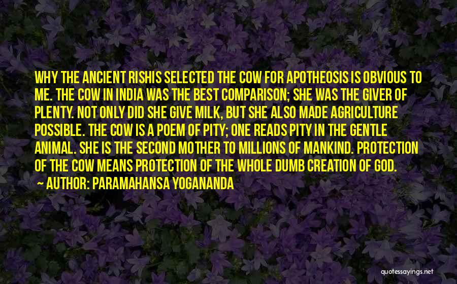 Paramahansa Yogananda Quotes: Why The Ancient Rishis Selected The Cow For Apotheosis Is Obvious To Me. The Cow In India Was The Best