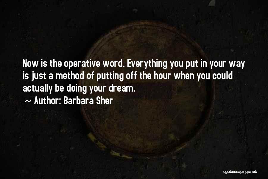 Barbara Sher Quotes: Now Is The Operative Word. Everything You Put In Your Way Is Just A Method Of Putting Off The Hour