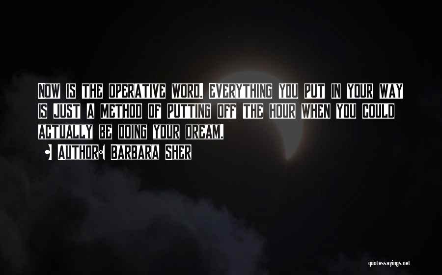 Barbara Sher Quotes: Now Is The Operative Word. Everything You Put In Your Way Is Just A Method Of Putting Off The Hour