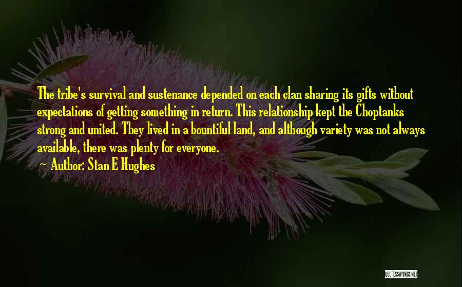 Stan E Hughes Quotes: The Tribe's Survival And Sustenance Depended On Each Clan Sharing Its Gifts Without Expectations Of Getting Something In Return. This