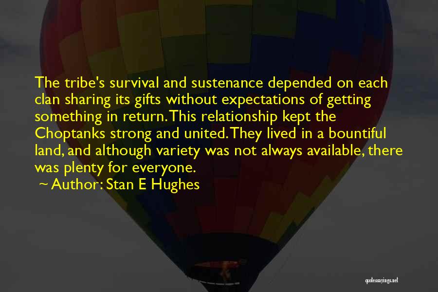Stan E Hughes Quotes: The Tribe's Survival And Sustenance Depended On Each Clan Sharing Its Gifts Without Expectations Of Getting Something In Return. This