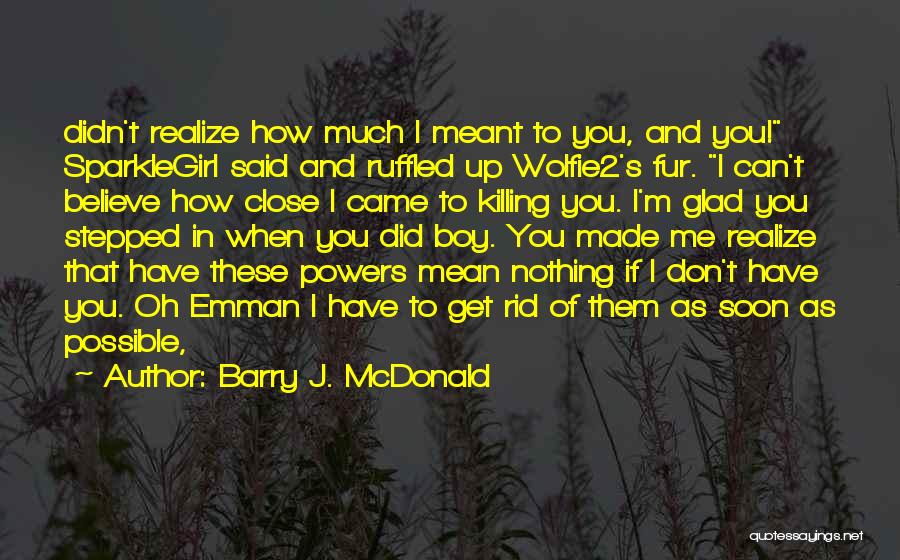 Barry J. McDonald Quotes: Didn't Realize How Much I Meant To You, And You! Sparklegirl Said And Ruffled Up Wolfie2's Fur. I Can't Believe