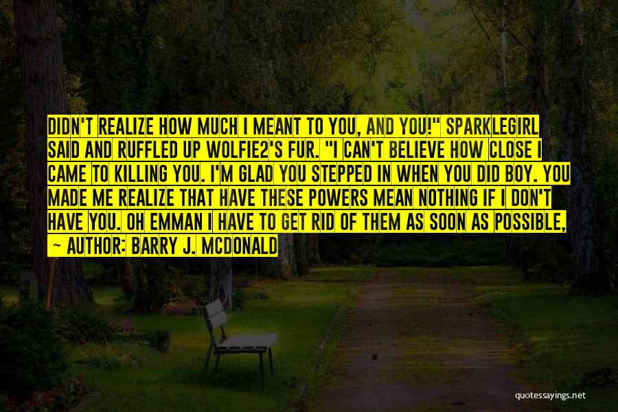 Barry J. McDonald Quotes: Didn't Realize How Much I Meant To You, And You! Sparklegirl Said And Ruffled Up Wolfie2's Fur. I Can't Believe